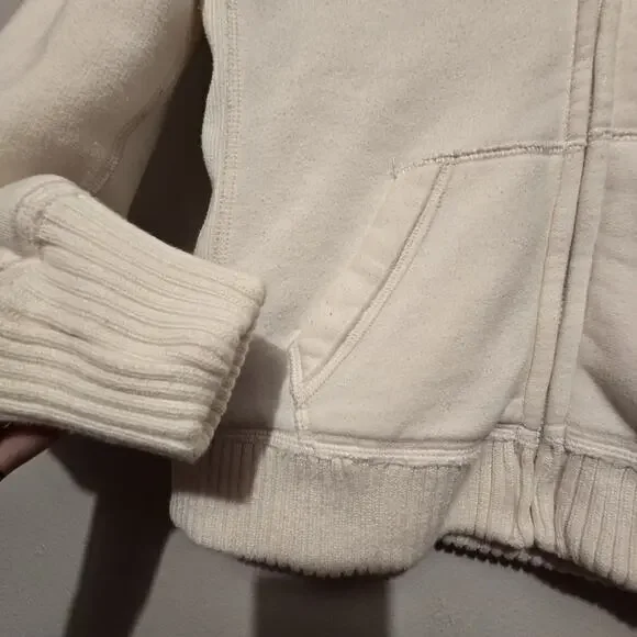 Vtg 90s Y2K Abercrombie Fitch NY AHoodie Womens L Ivory Sherpa Lined Patch Logo
